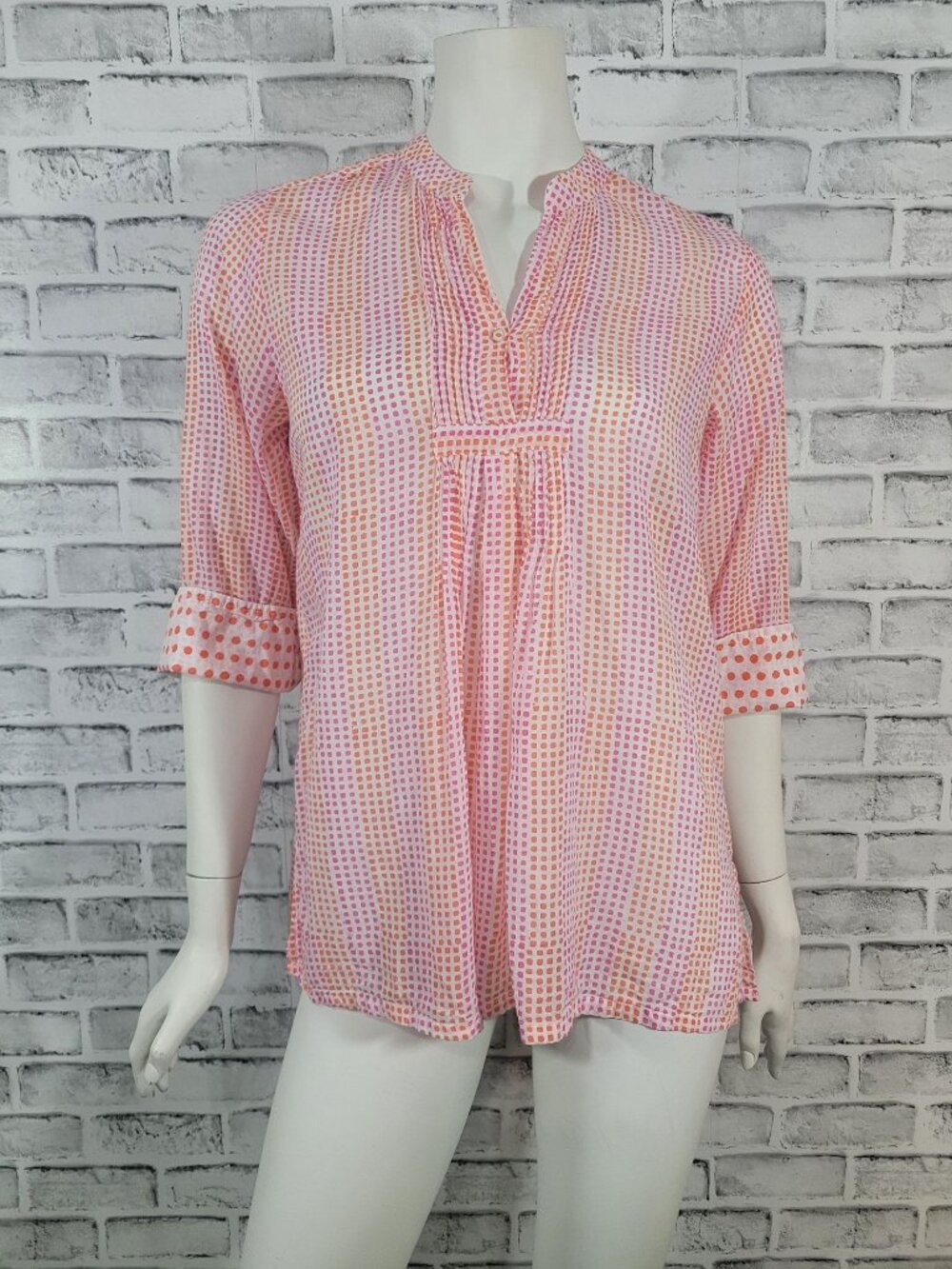 Oliphant Lightweight Pink Orange Spotted Summer 3/4 Sleeve Blouse Medium